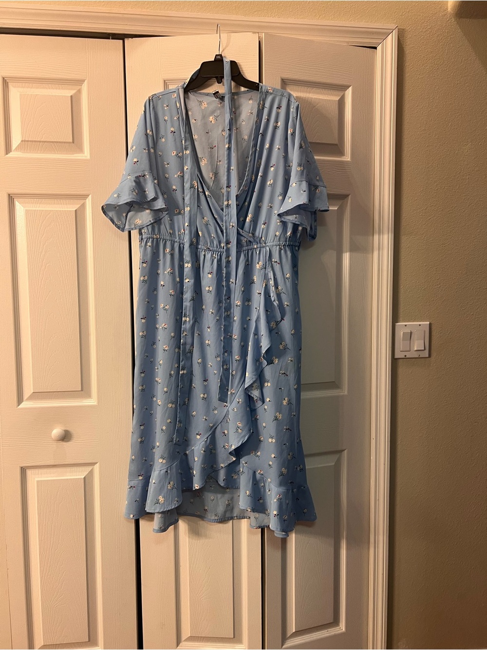 Light Blue Floral Wrap Dress with Ruffle Detail